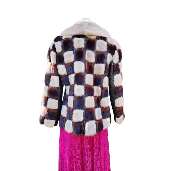 Rare Vtg Brown Cream Black Rabbit Mink Fur Checkered Belt Festive Winter Coat - Picture 5 of 9
